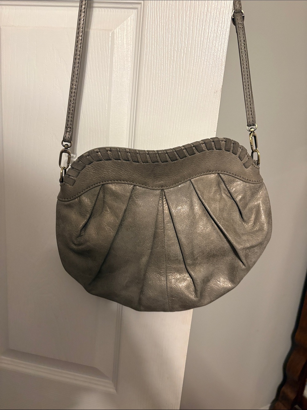HOBO Gray Leather Shoulder Bag with Pleated Front